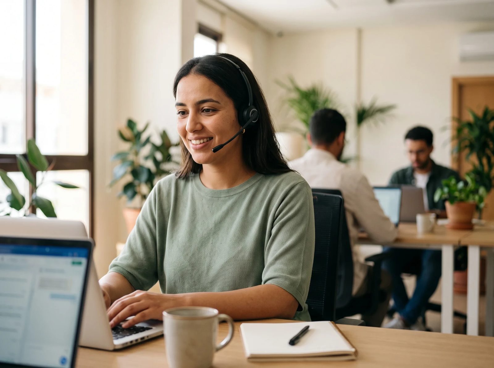 Support agent wearing a headset, smiling as she answers a customer